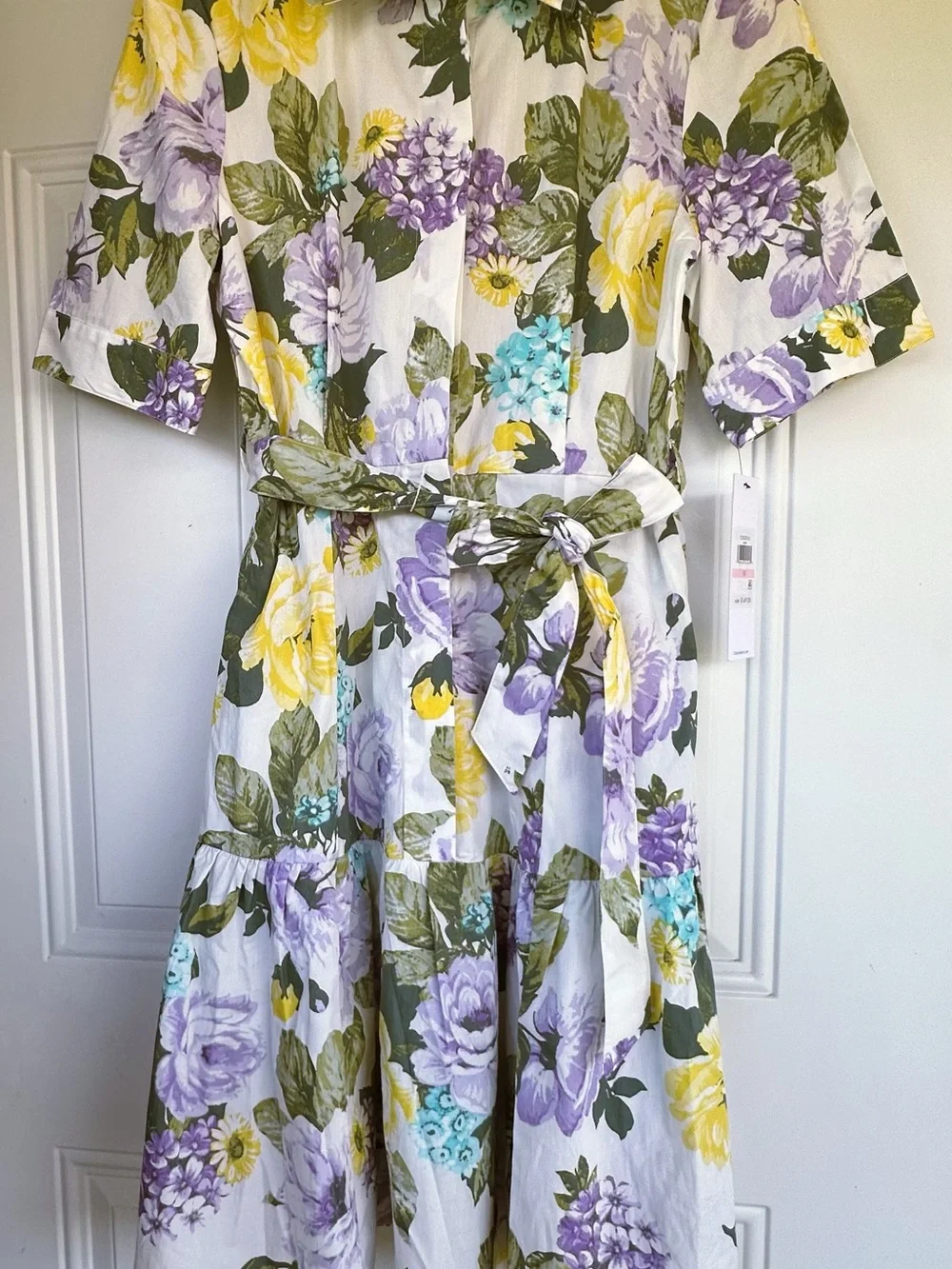 MSRP $149 Calvin Klein White Floral Midi Shirt Dress with Purple & Yellow Blooms - Picture 4 of 5